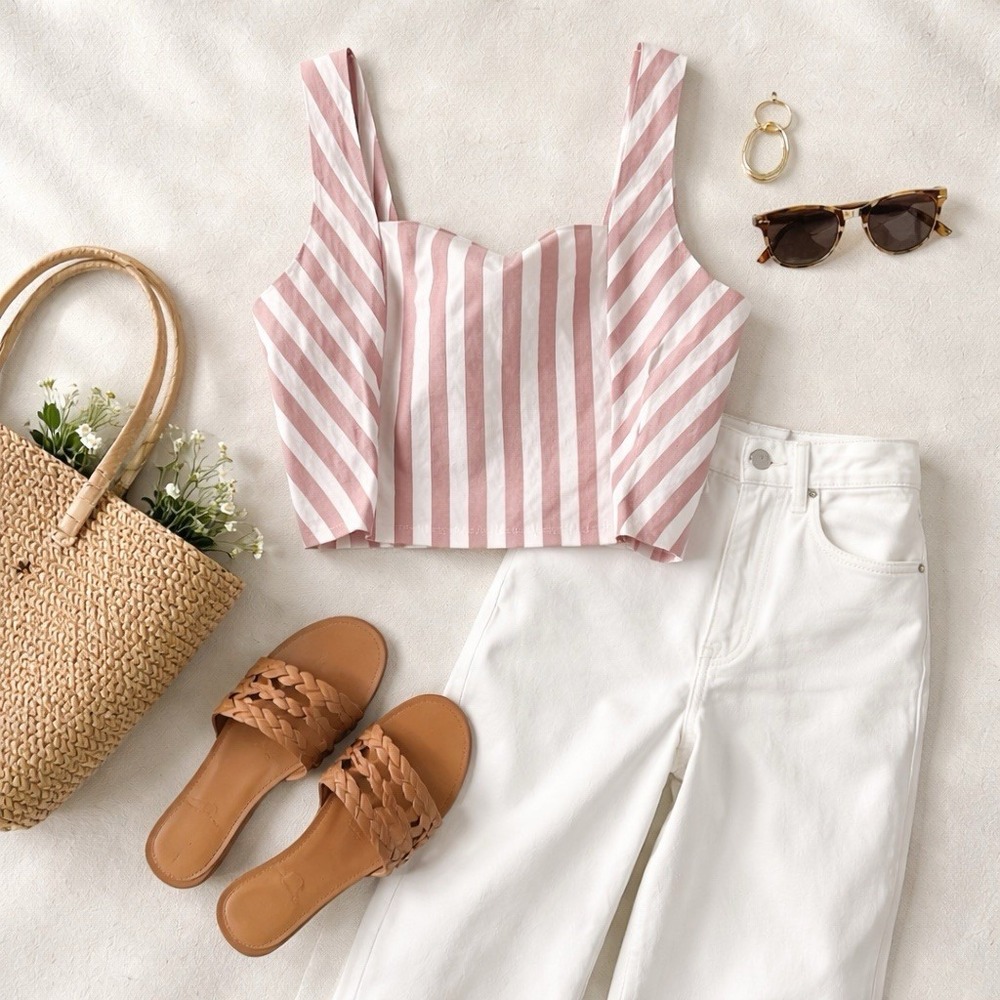 Mudd XL Pink White Striped‎ Crop Tank Smocked Back Summer Top cottagecore